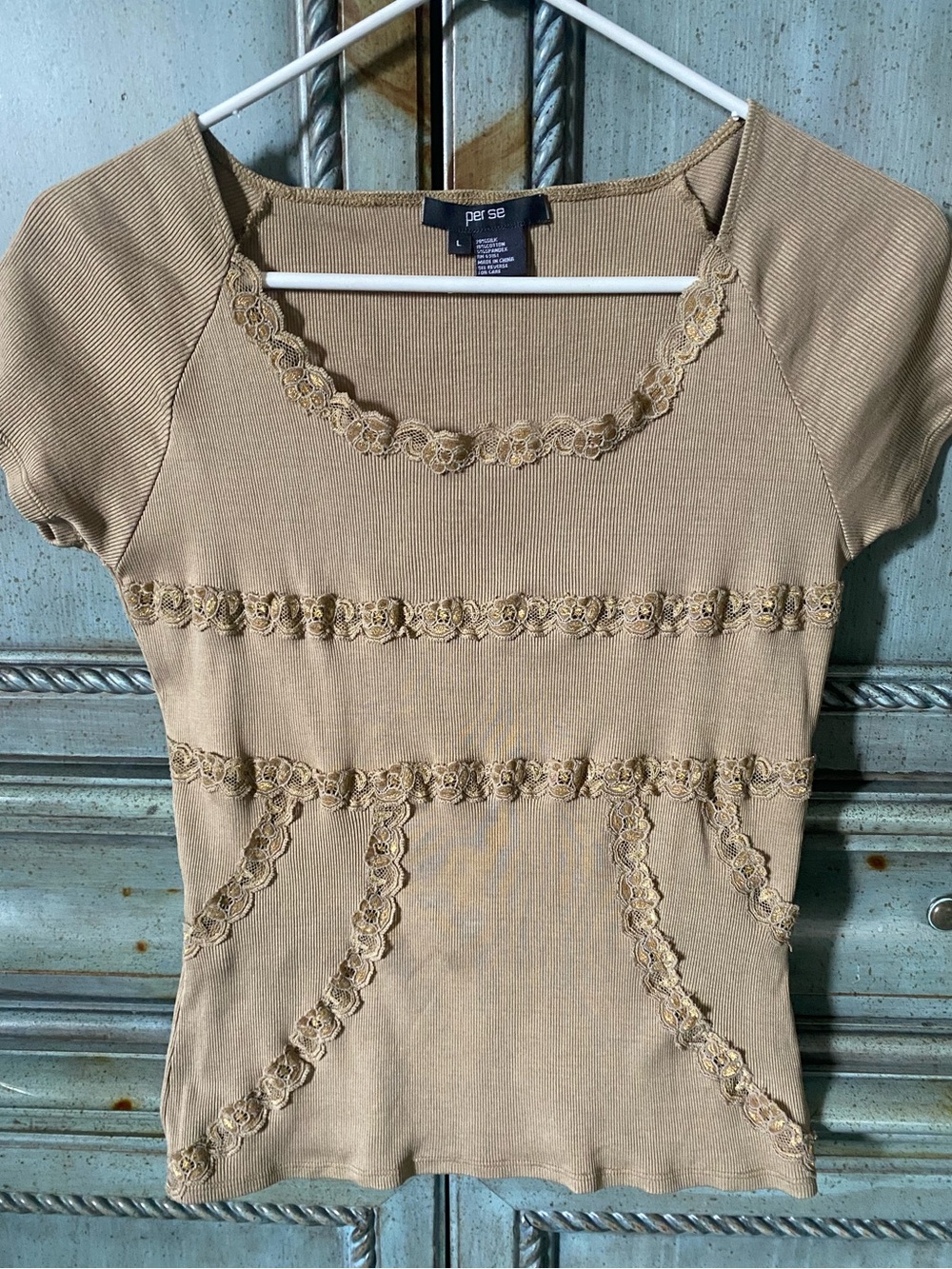 Per Se Tan Short Sleeve Scoop Neck Top with Lace Appliqué